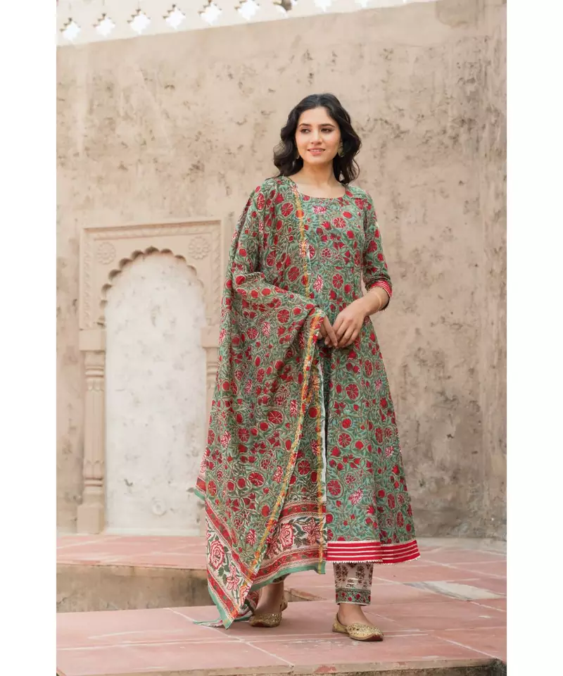 Forest Green Hand Block Print Kurta Set with Chanderi Dupatta