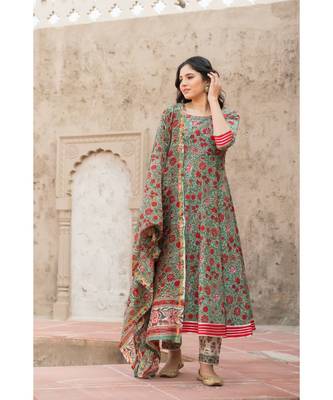 Forest Green Hand Block Print Kurta Set with Chanderi Dupatta 2