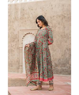 Forest Green Hand Block Print Kurta Set with Chanderi Dupatta 3