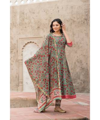 Forest Green Hand Block Print Kurta Set with Chanderi Dupatta 4