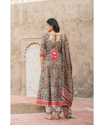 Forest Green Hand Block Print Kurta Set with Chanderi Dupatta 5