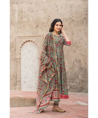 Forest Green Hand Block Print Kurta Set with Chanderi Dupatta 6
