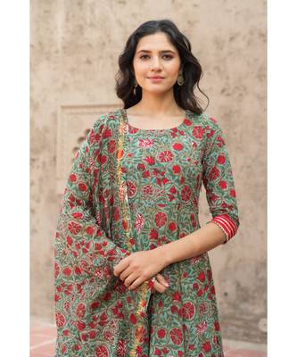 Forest Green Hand Block Print Kurta Set with Chanderi Dupatta 7