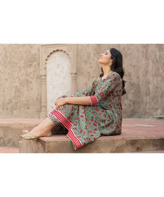 Forest Green Hand Block Print Kurta Set with Chanderi Dupatta 8