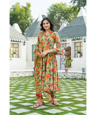 Multi colored Leaf Hand Block Print Kurta Set with Chanderi Dupatta 1