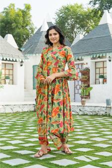 Multi colored Leaf Hand Block Print Kurta Set with Chanderi Dupatta