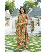 Multi colored Leaf Hand Block Print Kurta Set with Chanderi Dupatta