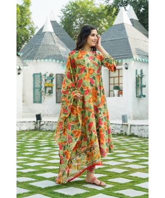 Multi colored Leaf Hand Block Print Kurta Set with Chanderi Dupatta 2