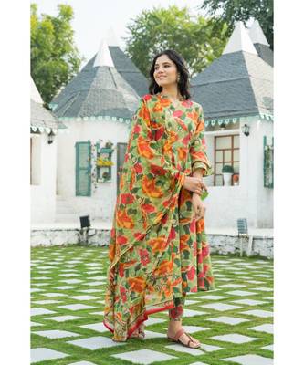 Multi colored Leaf Hand Block Print Kurta Set with Chanderi Dupatta 4