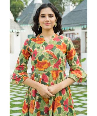 Multi colored Leaf Hand Block Print Kurta Set with Chanderi Dupatta 6