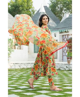 Multi colored Leaf Hand Block Print Kurta Set with Chanderi Dupatta 7