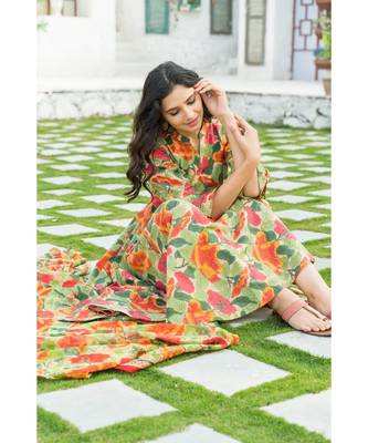 Multi colored Leaf Hand Block Print Kurta Set with Chanderi Dupatta 8
