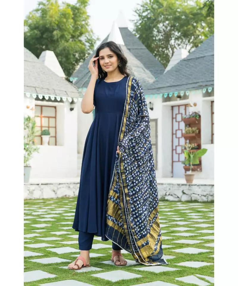 Midnight Blue Kurta Set with Bandej Dupatta