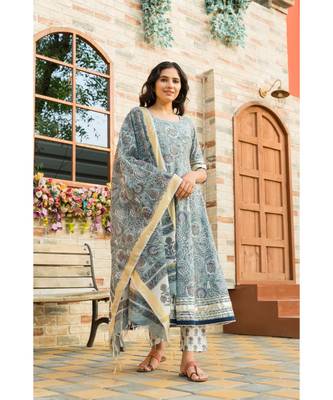 Steel Blue Kurta Dupatta Set with Chanderi Dupatta 1