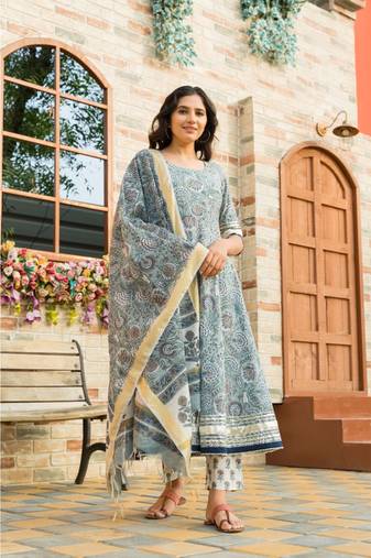 Steel Blue Kurta Dupatta Set with Chanderi Dupatta
