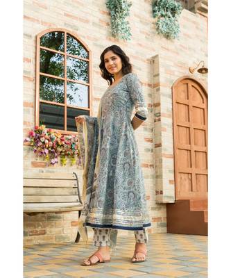 Steel Blue Kurta Dupatta Set with Chanderi Dupatta 2