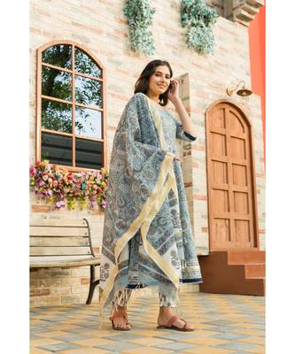 Steel Blue Kurta Dupatta Set with Chanderi Dupatta 3