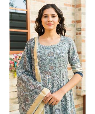 Steel Blue Kurta Dupatta Set with Chanderi Dupatta 5