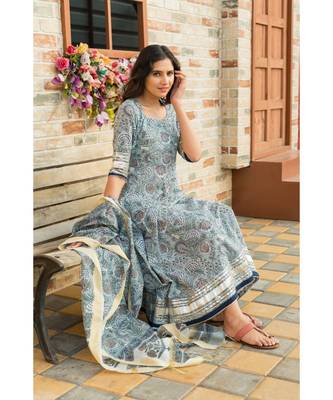 Steel Blue Kurta Dupatta Set with Chanderi Dupatta 6