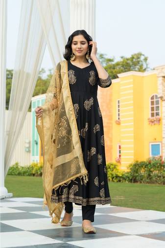 Black Hand Block Gold Print Kurta Dupatta Set
