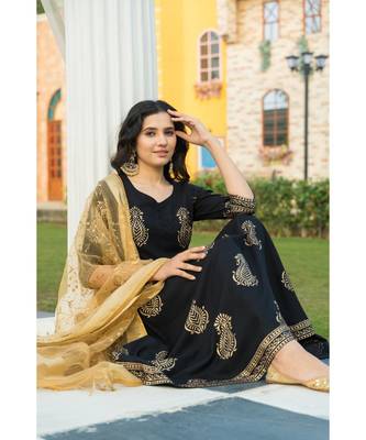 Black Hand Block Gold Print Kurta Dupatta Set 7