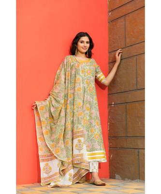 Pastel Green Floral Hand Block Print Kurta Dupatta Set 1