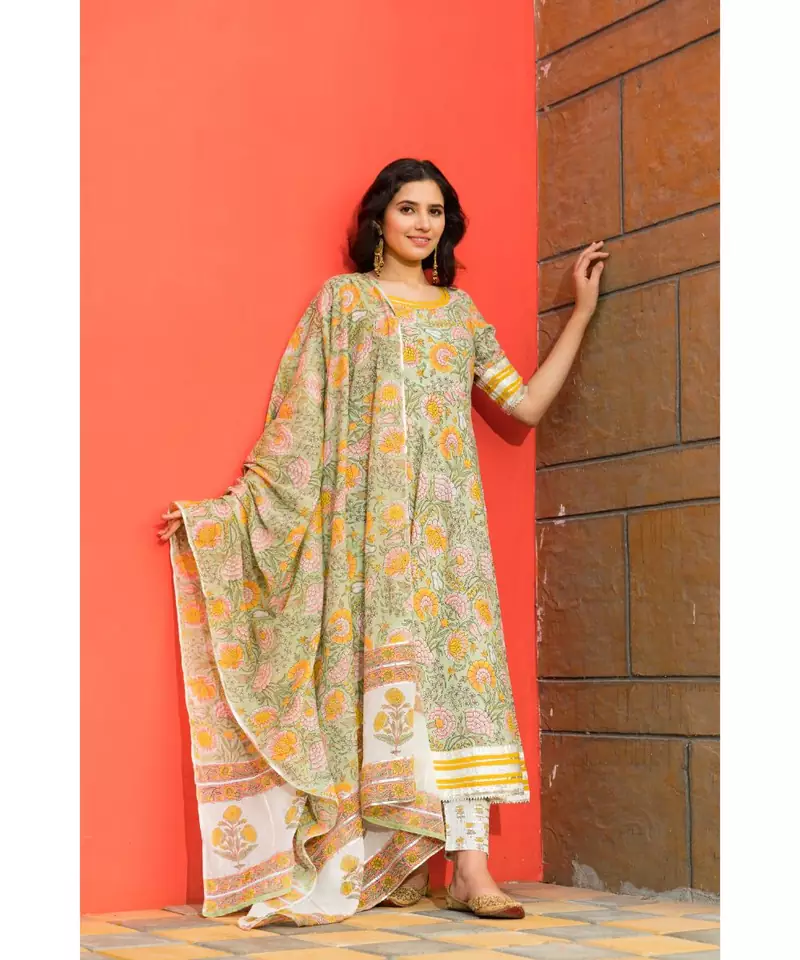 Pastel Green Floral Hand Block Print Kurta Dupatta Set