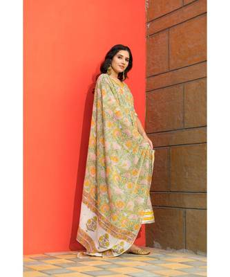 Pastel Green Floral Hand Block Print Kurta Dupatta Set 5