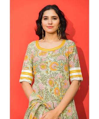 Pastel Green Floral Hand Block Print Kurta Dupatta Set 6