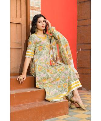 Pastel Green Floral Hand Block Print Kurta Dupatta Set 7