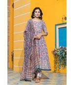 The floating cloudy grey floral hand block print kurta set with traditional chanderi dupatta.