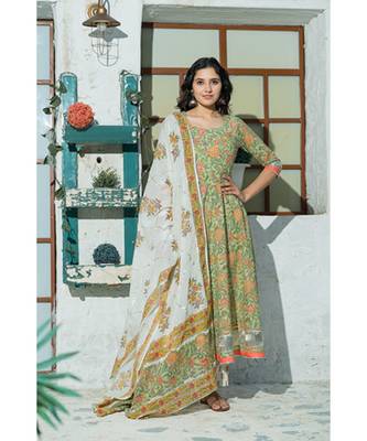 A kiwi green floral hand block print kurta dupatta set 1