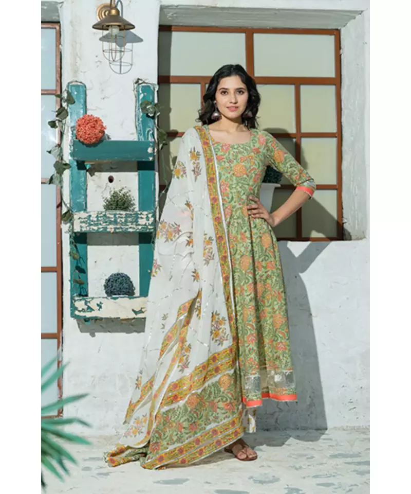 A kiwi green floral hand block print kurta dupatta set