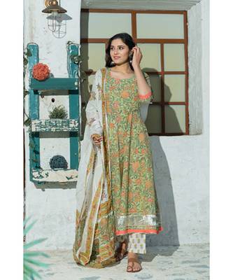 A kiwi green floral hand block print kurta dupatta set 2