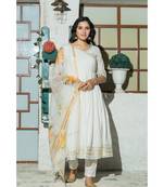 White flared Cotton Kurta set with hand Painted Doria Dupatta