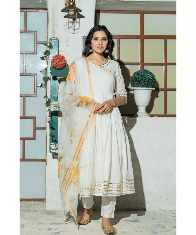 White flared Cotton Kurta set with hand Painted Doria Dupatta