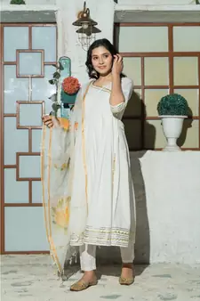White flared Cotton Kurta set with hand Painted Doria Dupatta