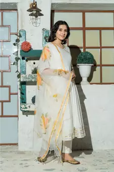 White flared Cotton Kurta set with hand Painted Doria Dupatta