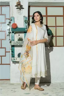White flared Cotton Kurta set with hand Painted Doria Dupatta