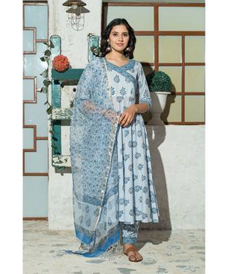 Sky Blue butta Hand Block Print Kurta Set with Doria Dupatta. 1