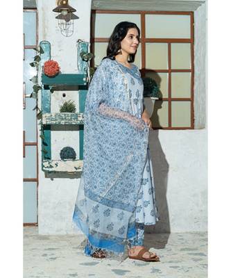Sky Blue butta Hand Block Print Kurta Set with Doria Dupatta. 3