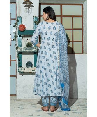Sky Blue butta Hand Block Print Kurta Set with Doria Dupatta. 4