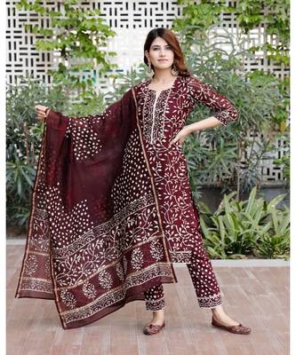 Burgundy bagru hand block print cotton kurta set with chanderi dupatta 1