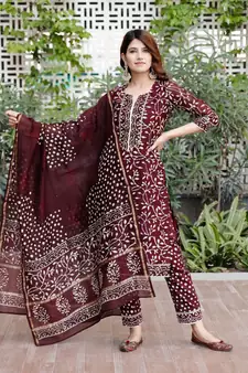 Burgundy bagru hand block print cotton kurta set with chanderi dupatta