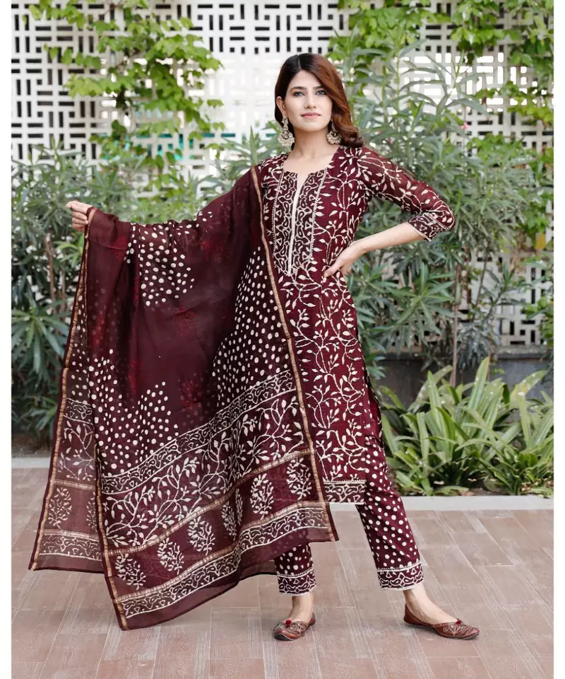 Burgundy bagru hand block print cotton kurta set with chanderi dupatta