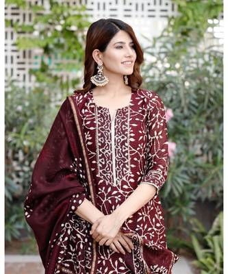 Burgundy bagru hand block print cotton kurta set with chanderi dupatta 7