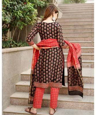 Piyu bagru black hand block print cotton kurta set with chanderi dupatta 2
