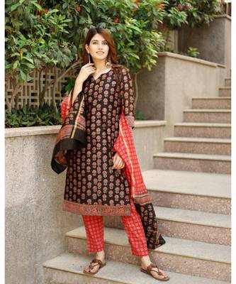 Piyu bagru black hand block print cotton kurta set with chanderi dupatta 3