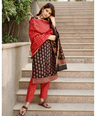 Piyu bagru black hand block print cotton kurta set with chanderi dupatta 4