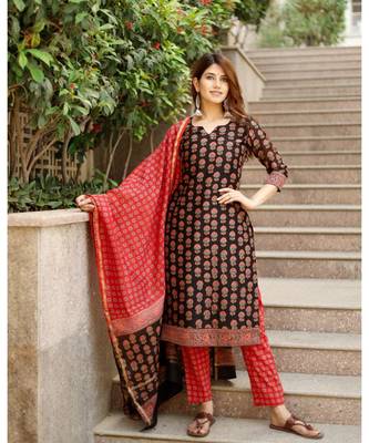 Piyu bagru black hand block print cotton kurta set with chanderi dupatta 5